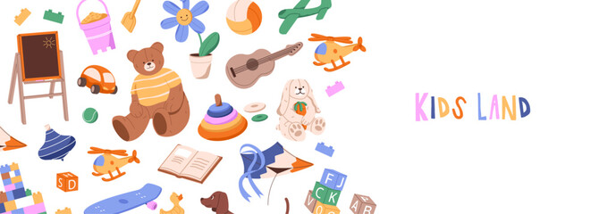 Design of advertising banner of kids' toys store. Template of promotion of kindergarten shope with different cute teddy, ball, kite, children book. Childish fun background. Flat vector illustration