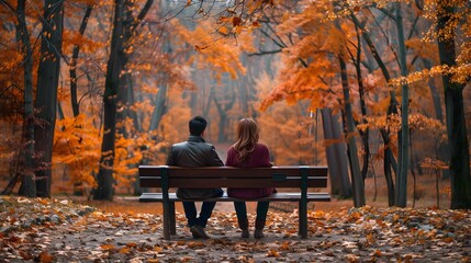 Romantic Autumn Moment on Bench in Vibrant Park Landscape