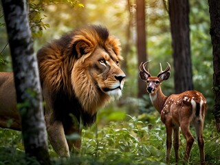 Fototapeta premium Portrait of a big lion and a small deer in the forest
