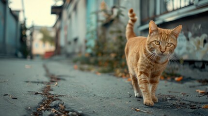 Fototapeta premium A stray cat strolls along the street A pedigreed cat gazes at someone The domesticated animal is having fun