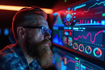 Fototapeta premium A bearded consultant wearing glasses analyzes complex data on multiple computer screens in a brightly lit office.