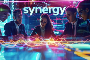 A team of professionals collaborates in a vibrant, digitally-driven environment.