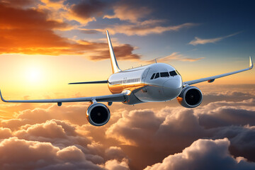 Commercial airplane flying above clouds at sunset. 3d render illustration.