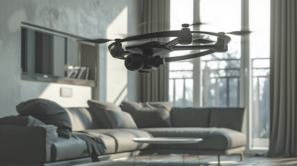 Surveillance drone at home: An ultra-modern drone flies through an apartment