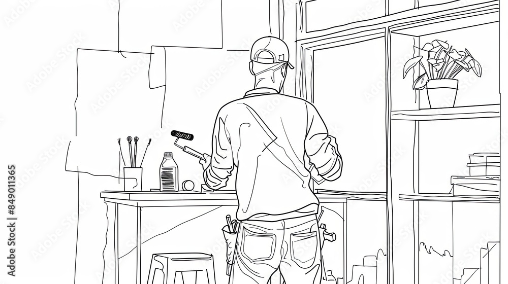 Poster a single line drawing depicts a painter working on a home renovation project. the painter is holding