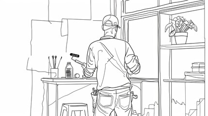 A single line drawing depicts a painter working on a home renovation project. The painter is holding a paint roller and is about to paint a wall. Generative AI