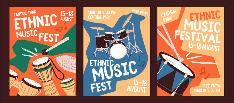 Event posters of ethnic music festival set. Promotion of concert with playing African bongos, djembe. Advertising of performance with percussion instruments, drum kit. Flat vector illustrations