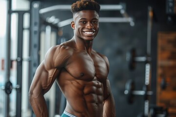 A muscular African American man smiles while standing in a gym.