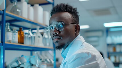 African scientist, medical worker, tech or graduate student works in modern biological laboratory