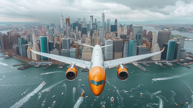 Vibrant orange airplane symbolizing freedom and adventure soaring over urban landscape