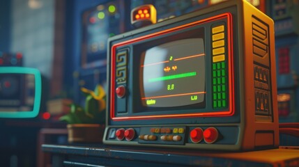 Obraz premium Close up Retro Arcade Video Game Console with Eight Bit Game Playing on Screen