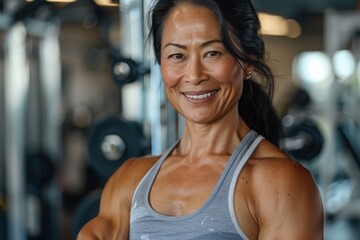 Fototapeta premium A smiling mature Asian woman with muscular arms poses in a gym, demonstrating her fitness and strength.