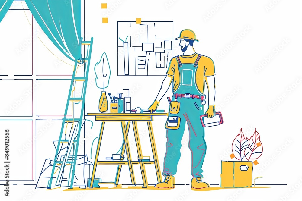 Poster a continuous line drawing of a painter decorator standing in a room, holding a paintbrush roller, wi