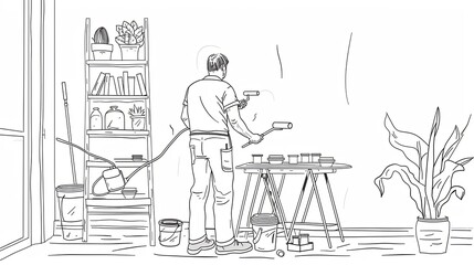 A black and white illustration of a man painting a wall in a home. Generative AI