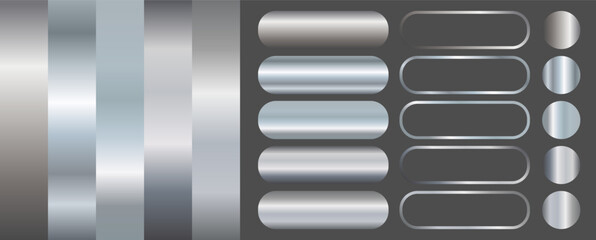 Silver texture gradient background big vector set. Metallic design for frames, banners and labels. Realistic abstract steel pattern.