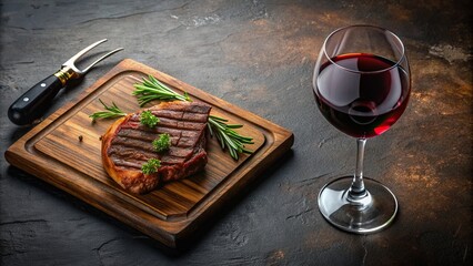 Succulent steak and glass of wine on wooden cutting board, steak, succulent, wine, glass, wooden, cutting board, juicy, gourmet