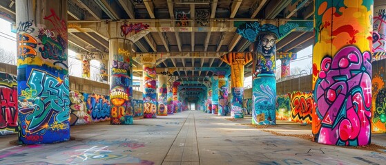 Fototapeta premium Graffiti art on a bridge, vibrant colors and intricate designs blending with urban architecture, ideal for cityscape visuals