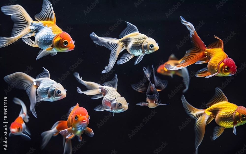 Wall mural goldfish isolated on dark black background. Different colorful Carassius auratus in aquarium - Wall murals