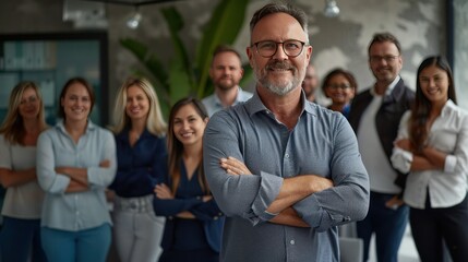 Fototapeta premium Diverse group of business people team standing in an office, smiling and looking at the camera with arms crossed. A man posing as the leader is in the center posing for a portrait