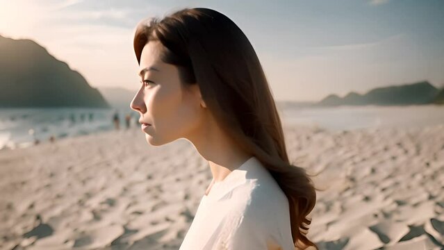 Woman Gazing Out at Sea on a Sandy Beach Generative AI