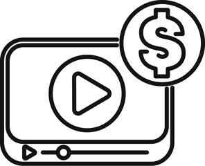 Line art icon of a video player with a dollar symbol, representing online content monetization