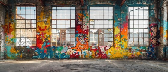 Fototapeta premium Graffiti art on an old factory wall, vibrant colors and industrial decay blending