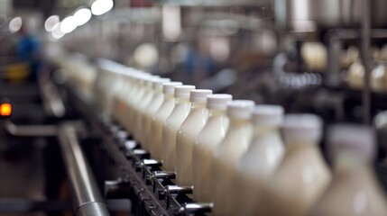 Obraz premium factory, production line, conveyor belt, dairy, milk, bottle, plastic, beverage, food, manufacturing, industry, liquid, container, automated, assembly line, processing, bottling, carton, commercial, m