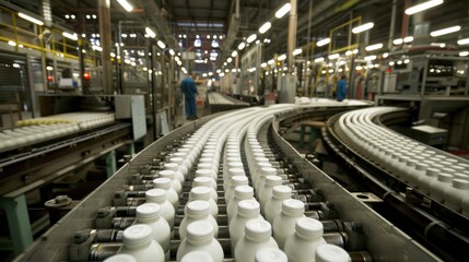 Obraz premium factory, production line, conveyor belt, dairy, milk, bottle, plastic, beverage, food, manufacturing, industry, liquid, container, automated, assembly line, processing, bottling, carton, commercial, m
