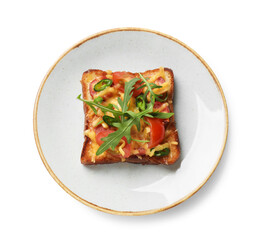 Plate with tasty pizza toast isolated on white, top view