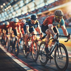 Group of cyclists racing intensely on indoor track. Background shows stadium with blurred spectators and dynamic lighting. Tour de France