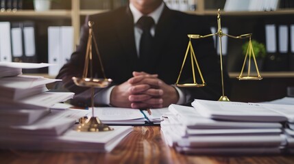 Lawyer at desk with scales of justice and documents, symbolizing legal expertise and diligence