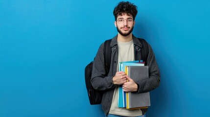 Male student wearing a backpack holding a notebook on a blue background