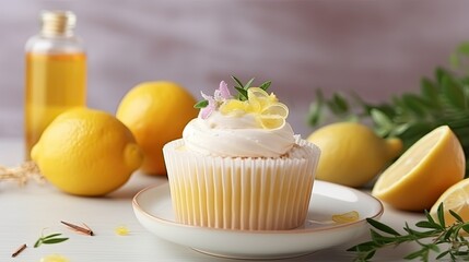 Tasty delicious lemon cream cupcake with lemon zest on light background