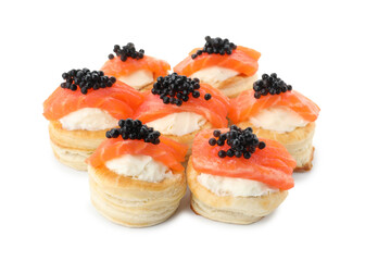 Delicious puff pastry with cream cheese, salmon and black caviar isolated on white