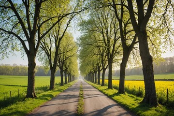 Obraz premium A rural road in spring in bright morning light