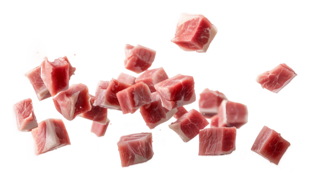 Raw pork cubes in freefall, isolated on a transparent background.