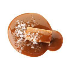 Yummy candy with caramel sauce and sea salt isolated on white, top view