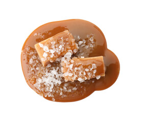 Yummy candies with caramel sauce and sea salt isolated on white, top view
