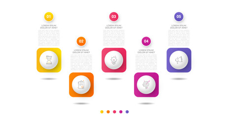 Vector infographic design template. Modern timeline concept with five steps, circles. Vector illustration used for diagram, workflow layout, banner, webdesign