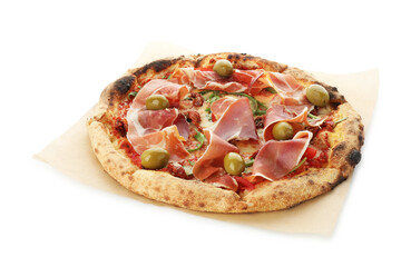 Tasty pizza with cured ham, olives and sun-dried tomato isolated on white