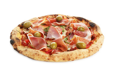 Tasty pizza with cured ham, olives and sun-dried tomato isolated on white
