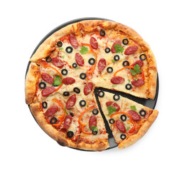 Tasty pizza with dry smoked sausages, olives, pepper and parsley isolated on white, top view