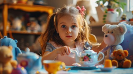 A girl playing with a toy tea set, hosting a pretend tea party with her stuffed animals as guests.