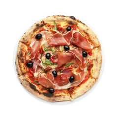 Tasty pizza with cured ham, olives and tomato isolated on white, top view