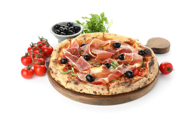 Tasty pizza with cured ham, olives, tomatoes and parsley isolated on white