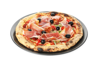 Tasty pizza with cured ham, olives and tomato isolated on white