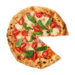 Delicious Margherita pizza isolated on white, top view