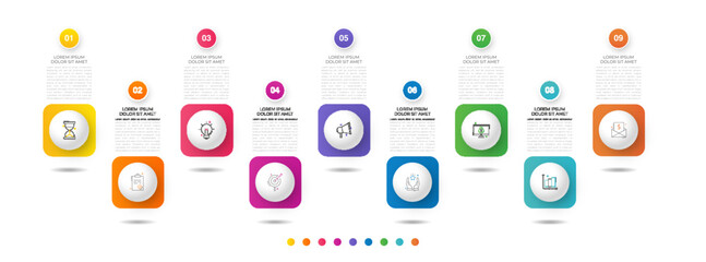 Vector infographic design template. Modern timeline concept with nine steps, circles. Vector illustration used for diagram, workflow layout, banner, webdesign