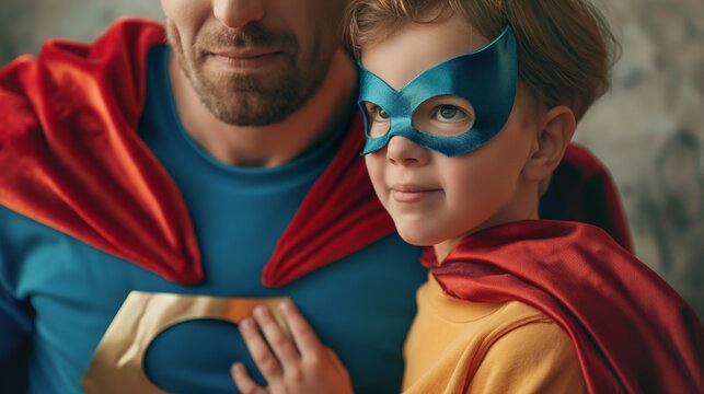 superhero duo, father and son in heroes costumes 