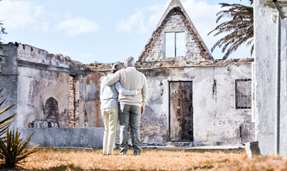 Senior man, woman and disaster in home or building with hug and insurance for real estate or...